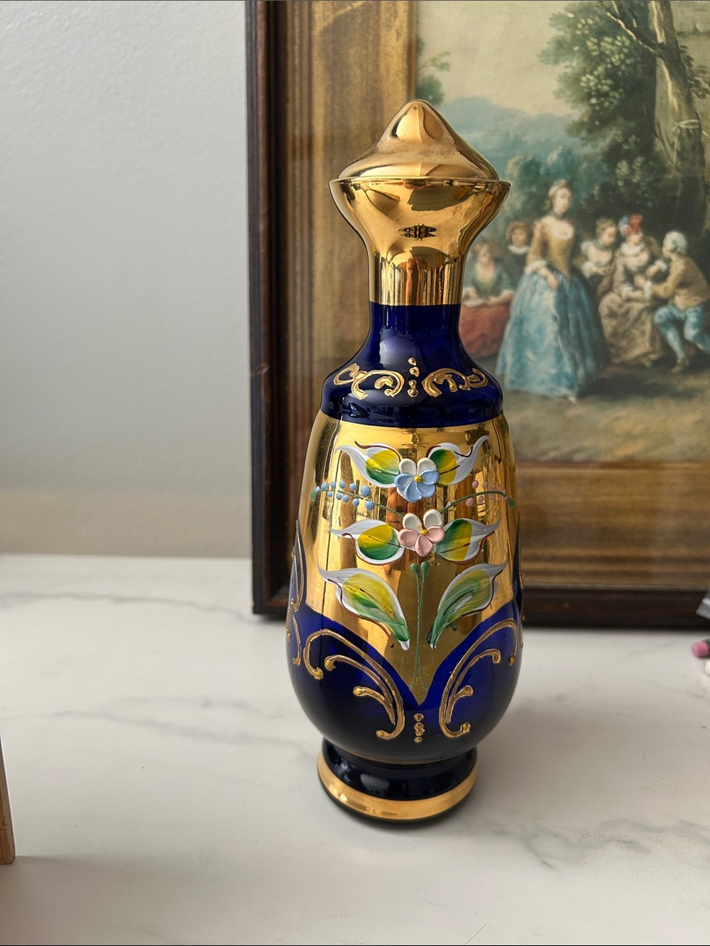 Cobalt Blue and 24 k Gold inlay Glass pitcher with Hand-Painted Floral Motif